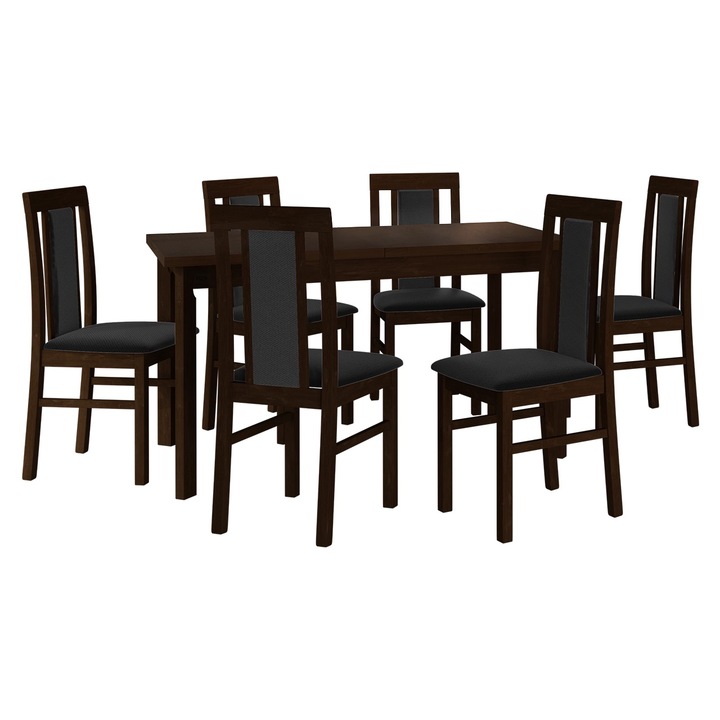 Set mobila bucatarie AL020, Masa Wood 80 x 140/180 I P cu 6x scaun Zefir II, MIRJAN24, nuc / negru
