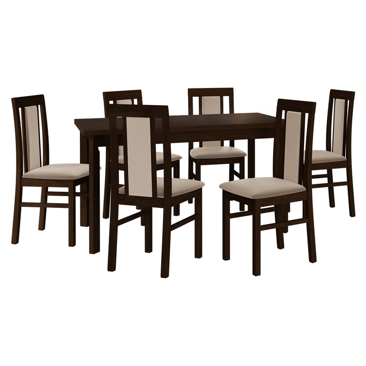 Set mobila bucatarie AL020, Masa Wood 80 x 140/180 I P cu 6x scaun Zefir II, MIRJAN 24, nuc / bej