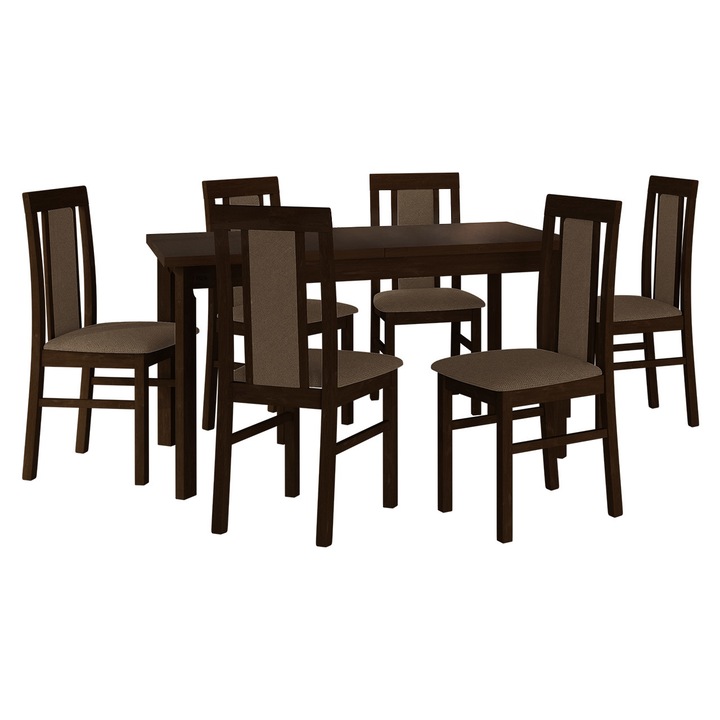 Set mobila bucatarie AL020, Masa Wood 80 x 140/180 I P cu 6x scaun Zefir II, MIRJAN 24, nuc / maro inchis