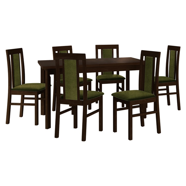 Set mobila bucatarie AL020, Masa Wood 80 x 140/180 I P cu 6x scaun Zefir II, MIRJAN 24, nuc / verde