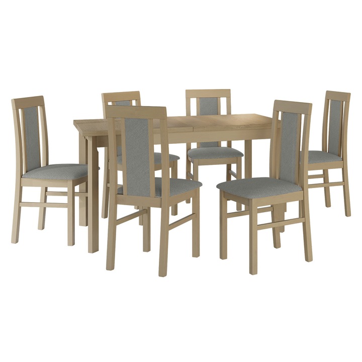 Set mobila bucatarie AL020, Masa Wood 80 x 140/180 I P cu 6x scaun Zefir II, MIRJAN 24, sonoma / gri