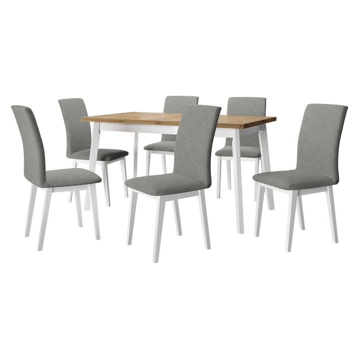 Set mobila bucatarie AL023, Masa extensibila Harry 80 x 140/180 V cu 6x Scaun Tokir I, MIRJAN24, stejar artisan / alb / gri