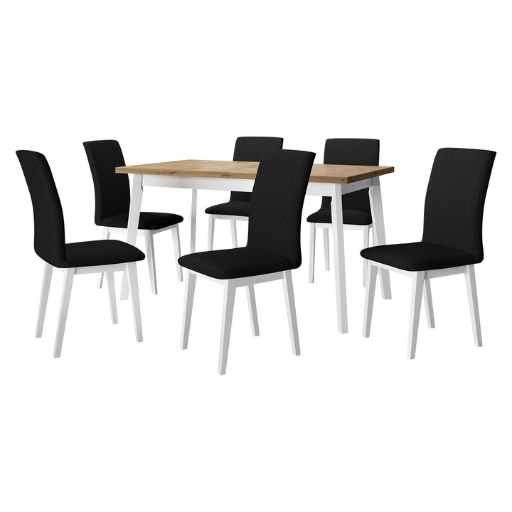 Set mobila bucatarie AL023, Masa extensibila Harry 80 x 140/180 V cu 6x Scaun Tokir I, MIRJAN 24, stejar artisan / alb / negru