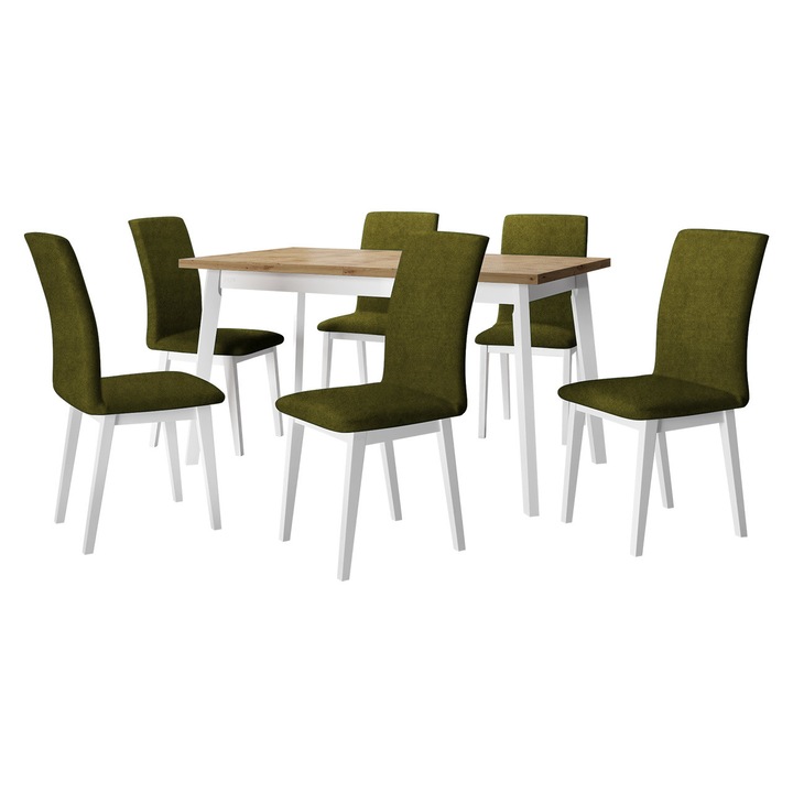 Set mobila bucatarie AL023, Masa extensibila Harry 80 x 140/180 V cu 6x Scaun Tokir I, MIRJAN24, stejar artisan / alb / verde