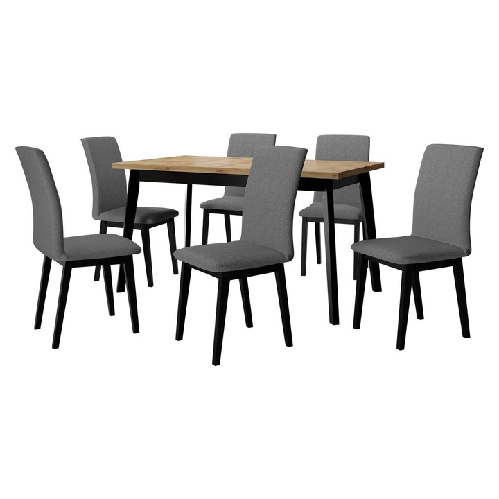Set mobila bucatarie AL023, Masa extensibila Harry 80 x 140/180 V cu 6x Scaun Tokir I, MIRJAN24, stejar artisan / negru / gri inchis