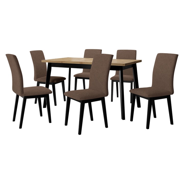 Set mobila bucatarie AL023, Masa extensibila Harry 80 x 140/180 V cu 6x Scaun Tokir I, MIRJAN 24, stejar artisan / negru / maro inchis