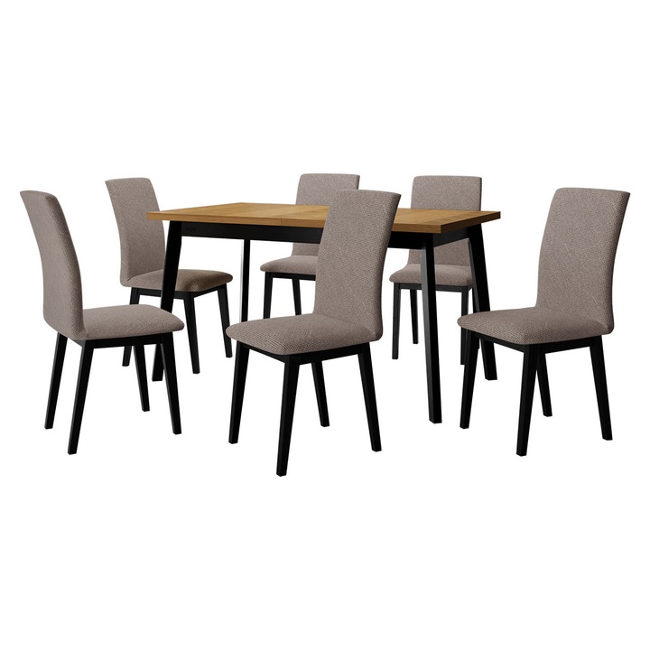 Set mobila bucatarie AL023, Masa extensibila Harry 80 x 140/180 V cu 6x Scaun Tokir I, MIRJAN24, stejar grandson / negru / maro