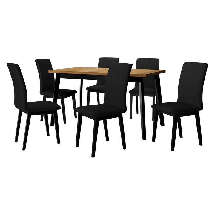 Set mobila bucatarie AL023, Masa extensibila Harry 80 x 140/180 V cu 6x Scaun Tokir I, MIRJAN24, stejar grandson / negru / negru