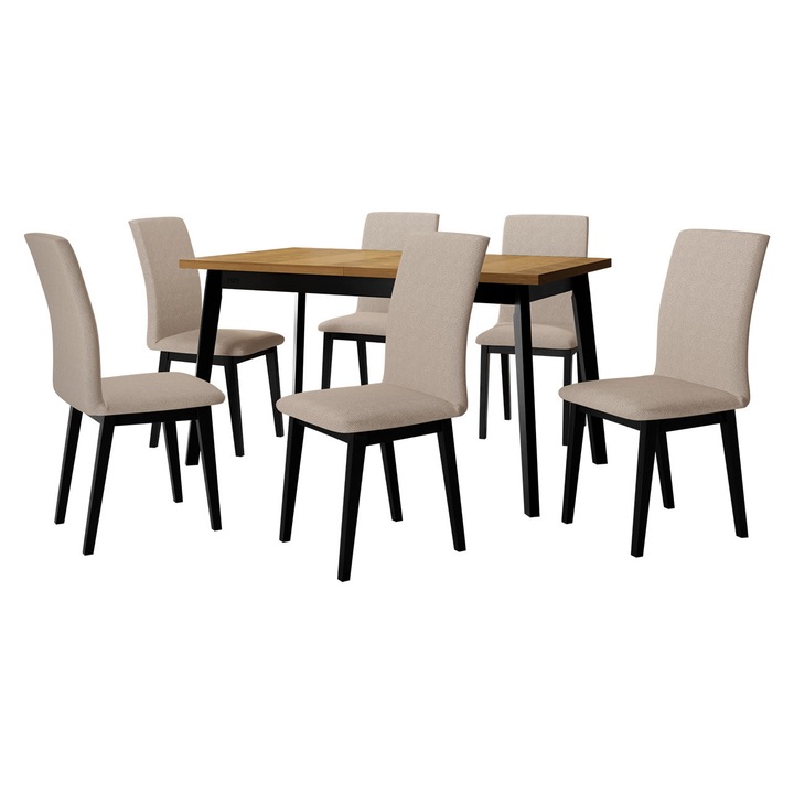 Set mobila bucatarie AL023, Masa extensibila Harry 80 x 140/180 V cu 6x Scaun Tokir I, MIRJAN24, stejar grandson / negru / bej