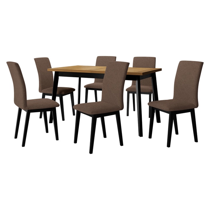 Set mobila bucatarie AL023, Masa extensibila Harry 80 x 140/180 V cu 6x Scaun Tokir I, MIRJAN24, stejar grandson / negru / maro inchis