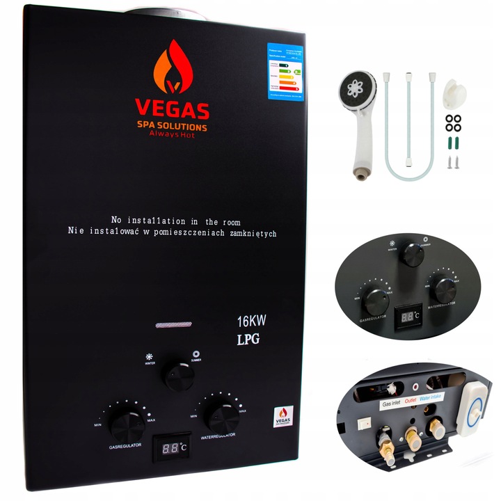 Gáz vízmelegítő, Vegas Spa Solutions, 16kW, 8L, 55x30x15cm, komplett szett