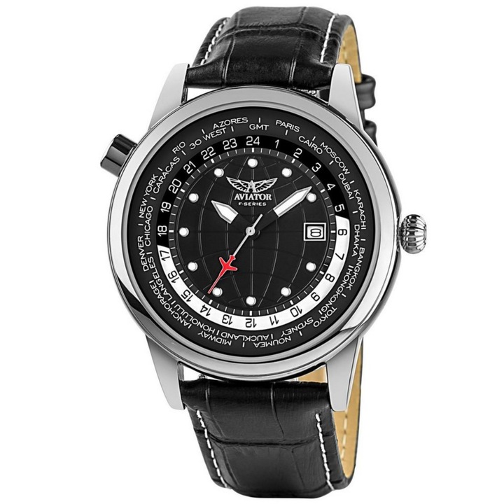 Мъжки часовник Aviator AVW6975G354 World Time F-Series, Quartz, Сребрист/Черна кожа