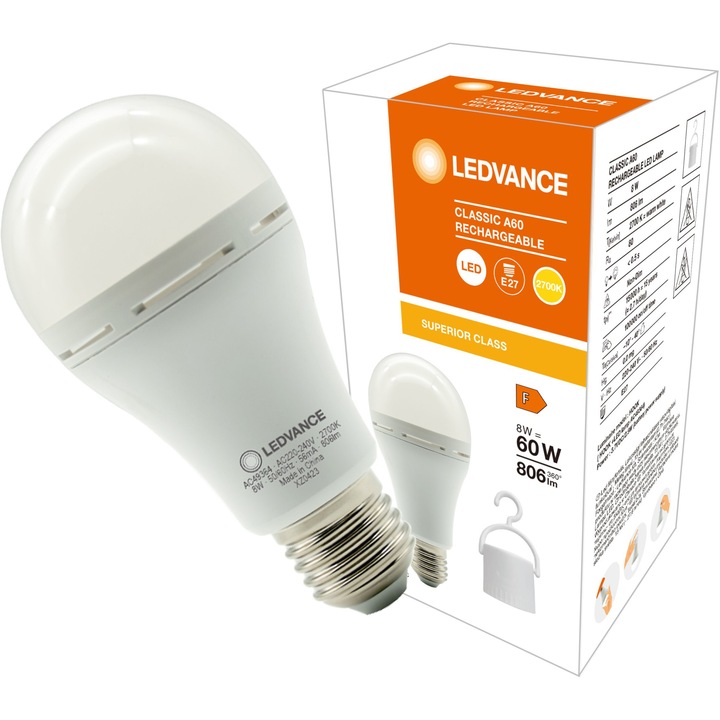 Kрушка LED Ledvance, С батерия 1800 mAh, A60, E27, 8W (60W), 806 lm, Топла светлина (2700K), Енергиен клас F