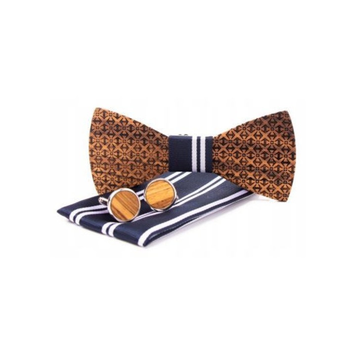 Papion din lemn + batista + butoni pentru manseta set cadou pentru el elegant modern accesorii barbati nunta costum camasa stil masculin cutie cadou complet set accesorii barbatesti cadou perfect pentru el