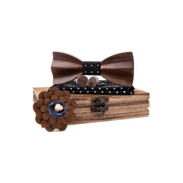 Papion Lemn Elegant + Butoni + Batista Neagra + Brosa in Cutie Cadou Set Accesorii Barbati Stil Casual Business Nunta Petrecere Cadou iubit sot tata Craciun Ziua Tatalui Fashion