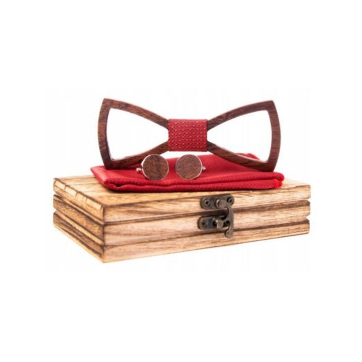 Papion din lemn, Modern Man, cu poszeta rosie si spinki din lemn si otel, 12x5cm, set