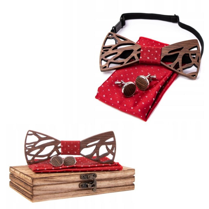 Papion din lemn rosu set cadou elegant pentru barbati butoni pentru camasa batista costum nunta accesorii moda clasic stil original handmade mire lemn natural accesorii barbati idei cadou sofisticat