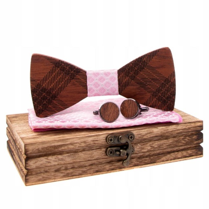 Set cadou elegant pentru barbati cu papion din lemn natural, batista roz, butoni manseta, brosa decorativa, cutie premium din lemn, stil modern casual business, accesorii costum nunta aniversare ziua tatalui cadou special