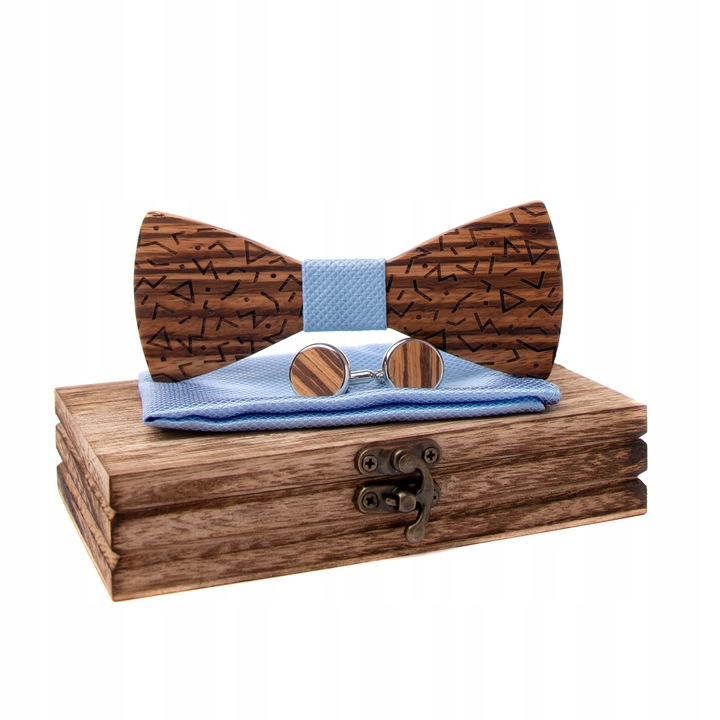 Set papion din lemn, MODERN MAN, cu poseta si butoni, maro, 12x5cm