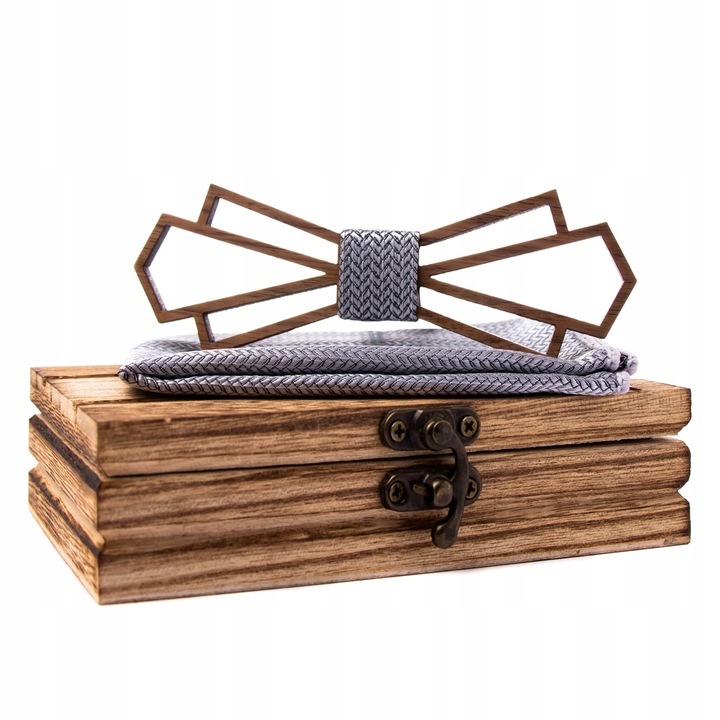 Papion elegant din lemn, Modern Man, 12x5 cm, Maro/Argintiu