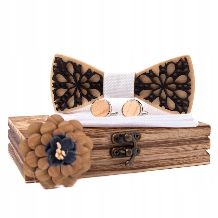 Set papion cu butoni si brosa, Modern Man, Lemn, 12x5cm, Maro/Negru