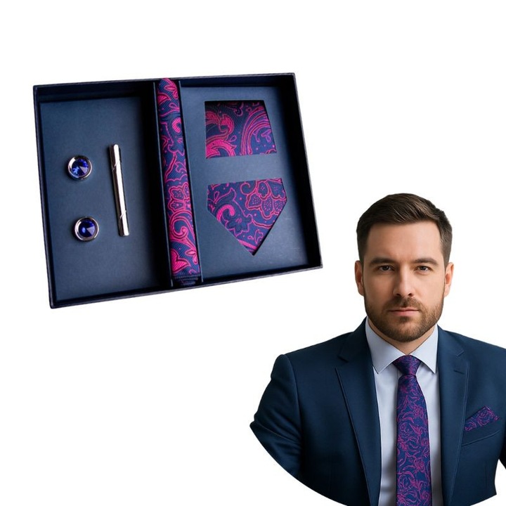 Set cadou pentru barbati cravata roz batista butoni si agrafa de cravata set elegant accesorii pentru costum cadou pentru ziua barbatului aniversare sau sarbatori ambalat in cutie premium cu punga inclusa