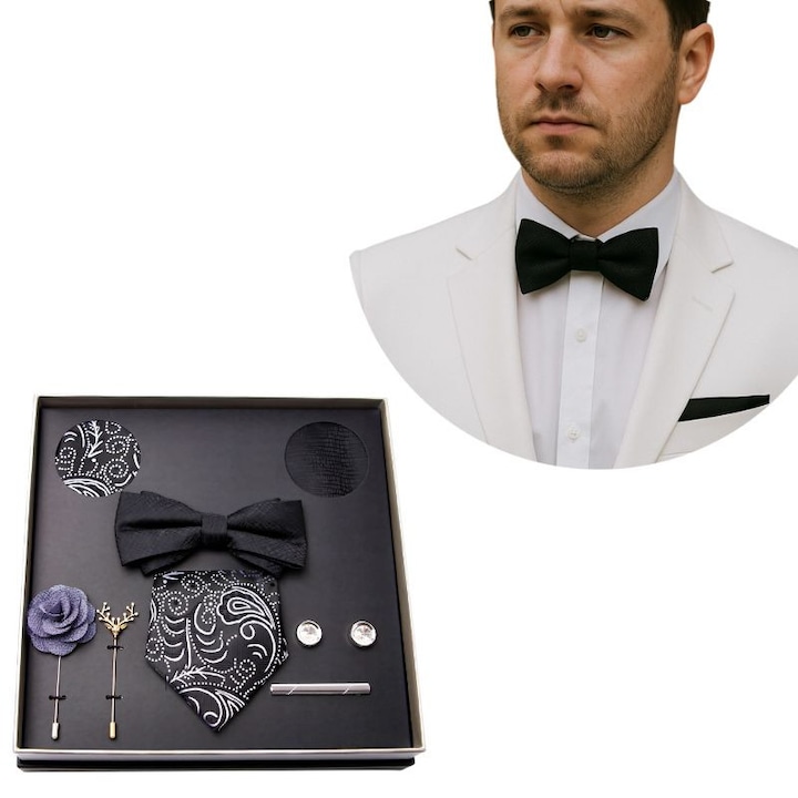 Set cadou elegant pentru barbati – Cravata, Papion, Butoni, Brose, Batiste, Agrafa pentru cravata – Ideal pentru Craciun, zi de nastere, aniversare – Cutie premium + punga cadou inclusa