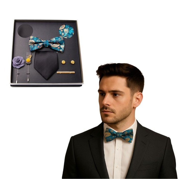 Set cadou exclusivist pentru barbati Modern Man – cravata, papion, 2 batistute, 2 brose, ac de cravata, butoni – set elegant de accesorii barbatesti pentru costum, ideal pentru cadou