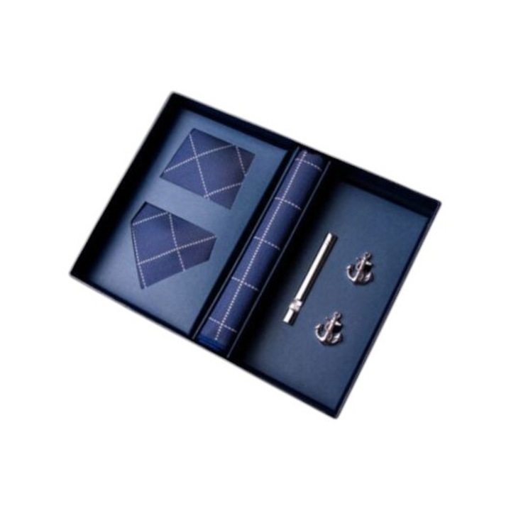 Set Cadou Barbati Cravata Batista si Butoni Eleganti Set Accesorii Barbati pentru Costum MODERN MAN Cravata Albastra Butoni Manseta Ac de Cravata Cutie Eleganta Punga Cadou Ziua Tatalui Nunta Aniversare