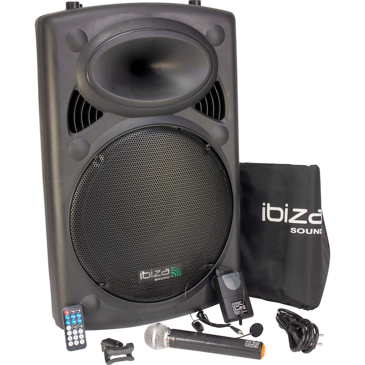 Ibiza Aktív Hordozható Hangszóró, 800 W-os , BT, FM, SD, USB, karaoke, 2 UHF mikrofon, tok