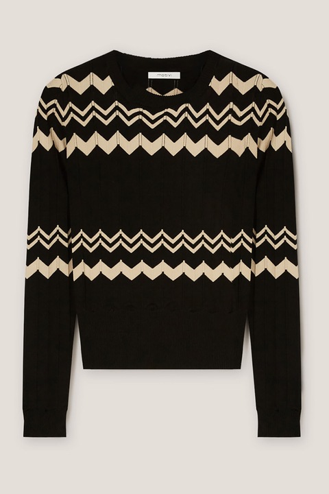 Motivi, Pulover cu model si decolteu la baza gatului, Negru/Crem, S
