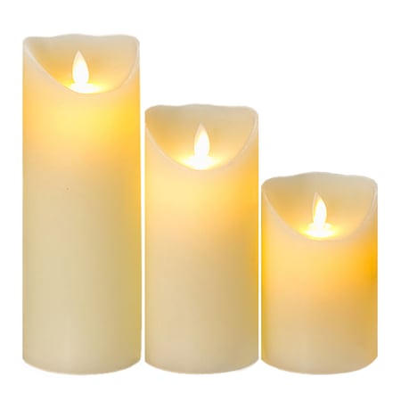 Set 3 lumanari Led MEDAYA din ceara, cu efect de flacara reala, lumina calda, alimentare baterii, 17cm, 14.5cm, 12.5cm, alb fildes