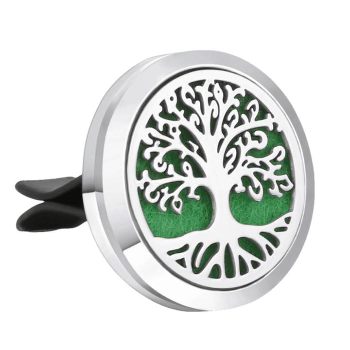 Difuzor de Aromaterapie Auto INTEXXA® cu Uleiuri Esentiale, pentru Improspatare si un Aer fara chimicale, Tree of Life, Argintiu