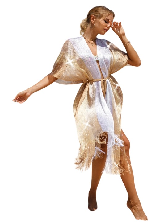 Kimono de plaja cu franjuri si cordon in talie, culoarea auriu si alb, marime universala, The Casius.®