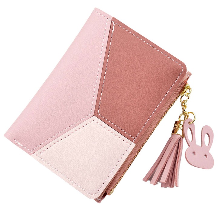 Мултифункционален компактен портфейл, екологична кожа, 12 x 9 x 1,5 см, розово/бежово