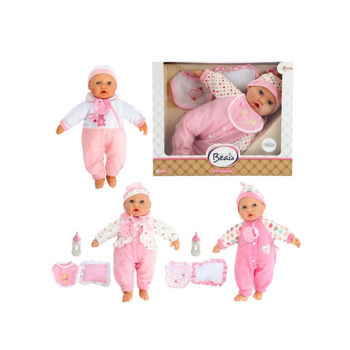 Beau 7020212 Baby Beau Baba cumisüveggel és előkével, 40cm