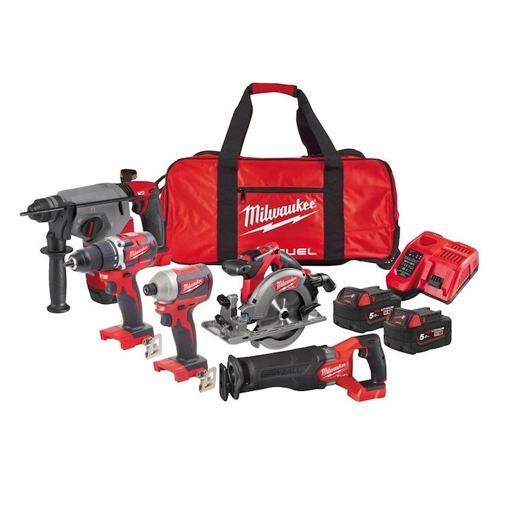Комплект от 5 електроинструмента Milwaukee, Powerpack, 18V, 25.0AH, Червен/Черен
