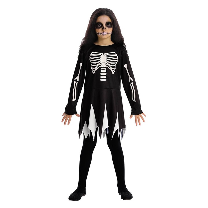 ATS Halloween jelmez, csontváz jelmez ruhával, gyerekeknek, 6-8 éves méret, fekete