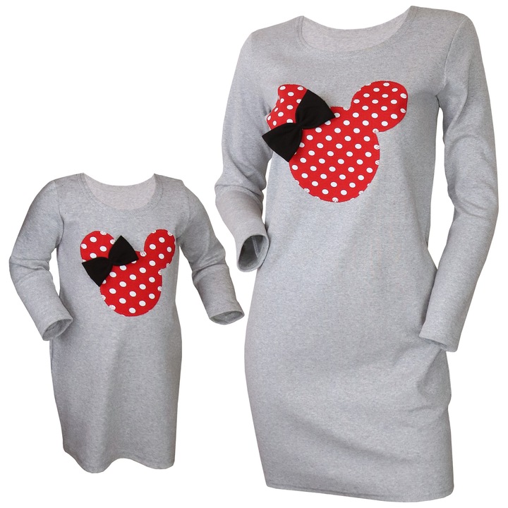 Set mama/fiica, gri cu model Minnie, marimea M si 5/6 ani