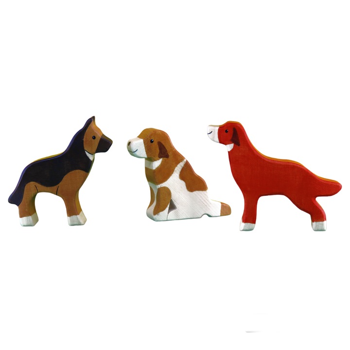Set 3 Jucarii Ecologice din Lemn, Caini - Saint Bernard cu Setter si Ciobanesc German, Didy Toys