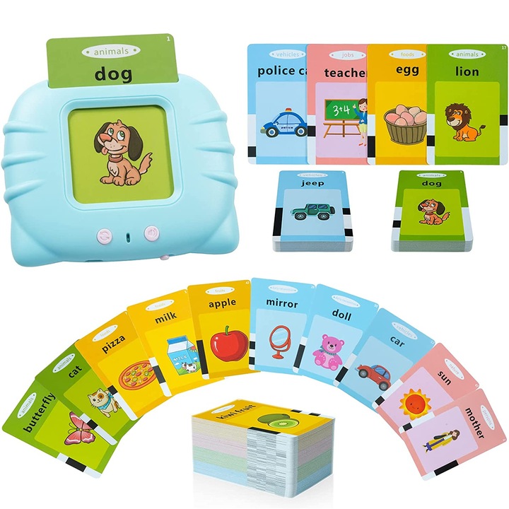 Образователна играчка за деца Монтесори, Комплект машина за изучаване на английски думи с четец на флаш карти, 224 думи, 112 карти, MicroUSB зареждане, 2 години+, син