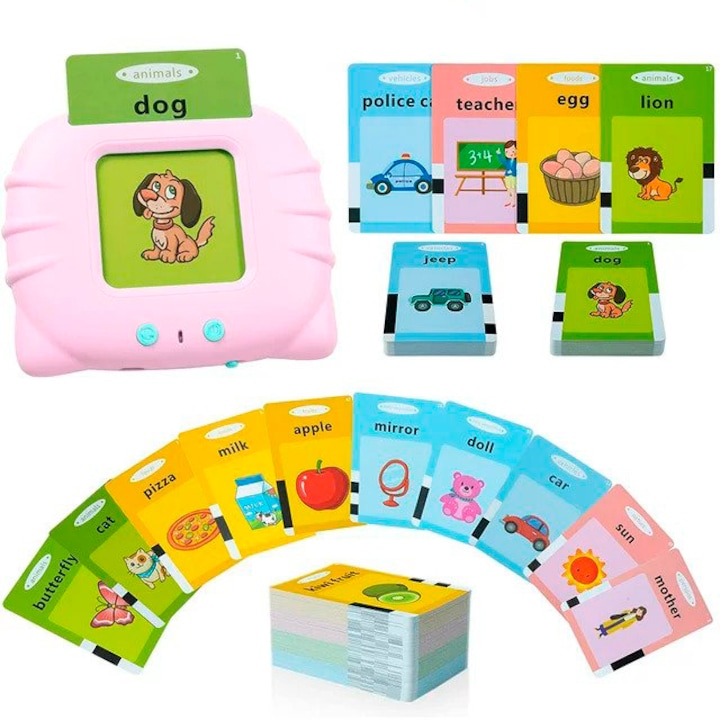 Монтесори образователна играчка за деца, Комплект машина за изучаване на английски думи с четец на флаш карти, 224 думи, 112 карти, MicroUSB зареждане, 2 години+, розов