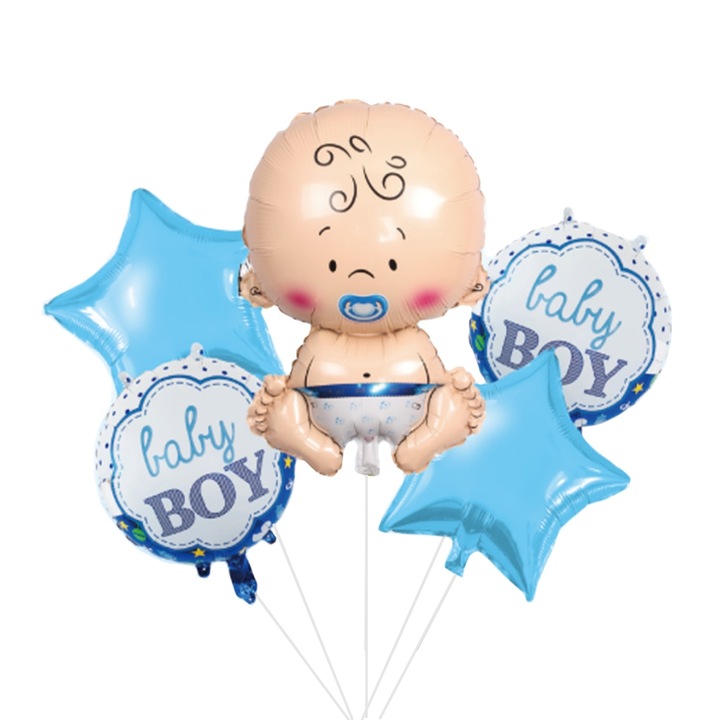Set 5 baloane folie, 45cm - 68cm, forma bebelus, it's a boy - baby boy, albastru, Ropet
