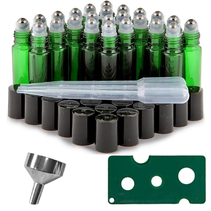 24 db roll-on üveg kozmetikai tartály készlet 10 ml DROPY® nyitóval, tölcsérrel és pipettákkal illóolajokhoz, parfümökhöz, vastag üveghez, zöld