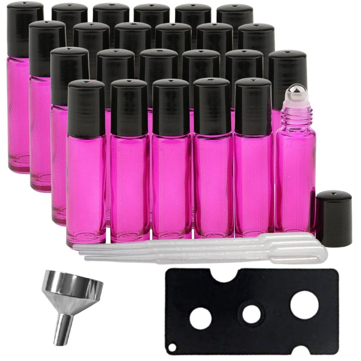 24 db tekercses üveg kozmetikai tartály készlet 10 ml DROPY® nyitóval, tölcsérrel és pipettákkal illóolajokhoz, parfümökhöz, vastag üveghez, rózsaszín