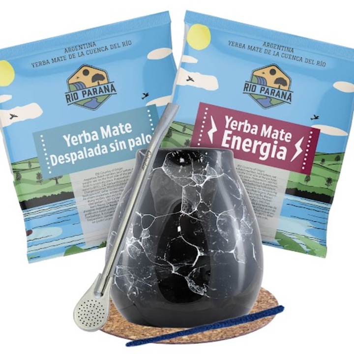 Yerba Mate tea, Rio Parana Despalada Guarana 2 x 50g, Márványos bögre, 300 ml, Bombilla
