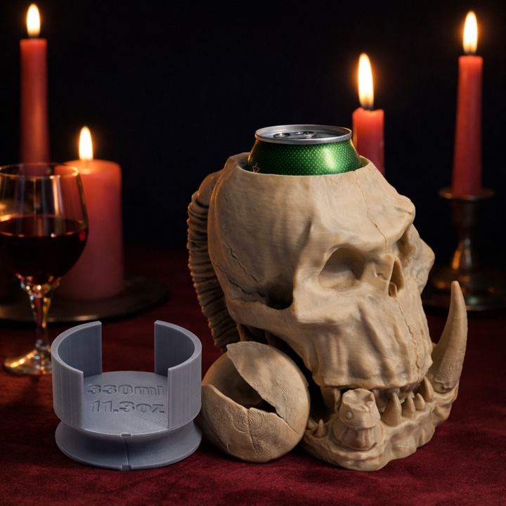 Suport cana Craniu de Orc pentru doze 500ml, cu adaptor 330ml inclus, mentine bautura rece, Alb invechit