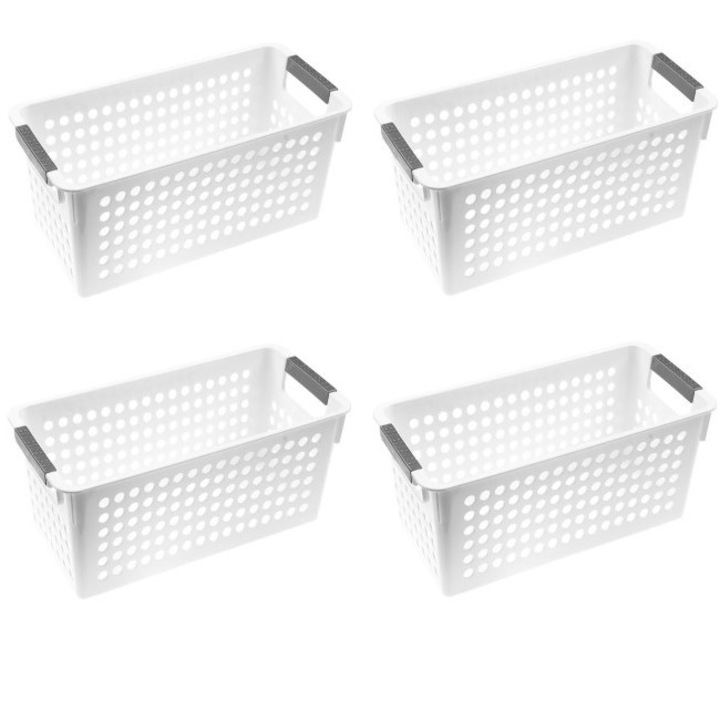 Set 4 cosuri de depozitare cu manere, alb, perforat, plastic, 4 x 4l, 30x14x13cm