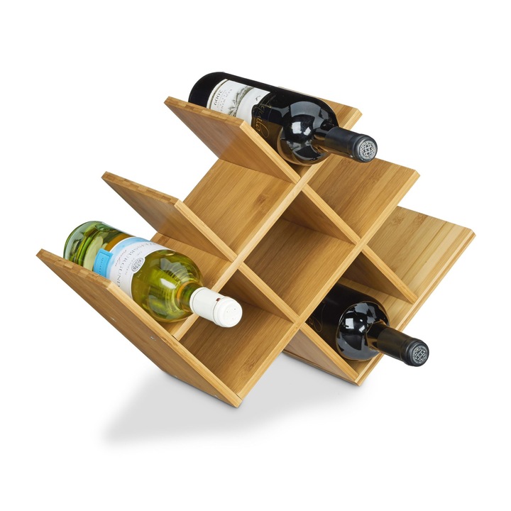 Suport pentru 8 sticle de vin, Relaxdays, bambus, dimensiune 31.5 x 47 x 16.5 cm