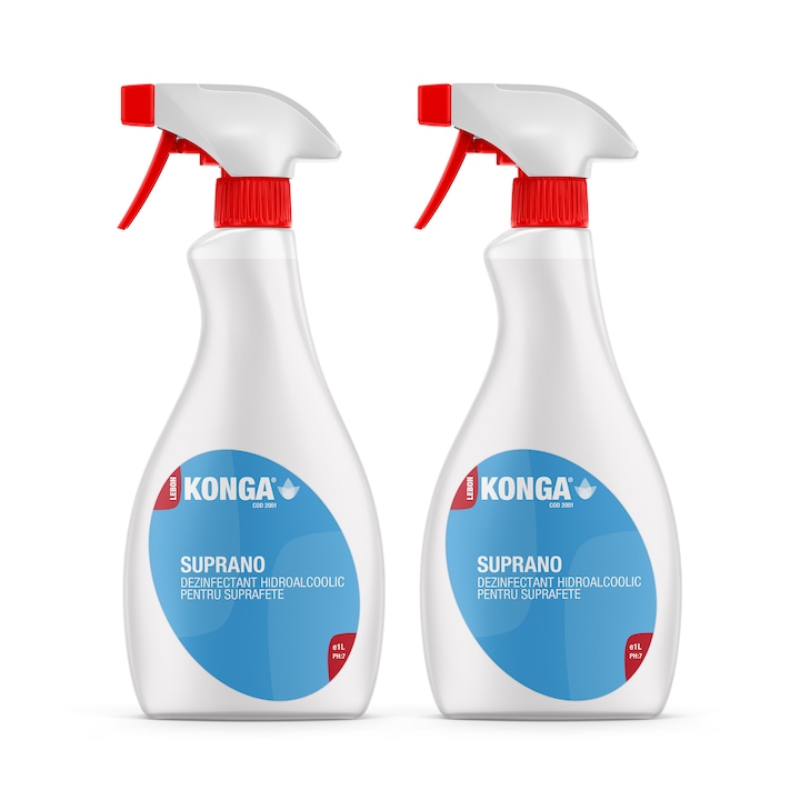 Set - 2 x Konga Dezinfectant Biocid de Nivel Inalt Suprano 1L cu Pulverizator - Solutie Profesionala pentru Suprafete si Instrumentar, Actiune Rapida, Eficienta si Cu Spectru Larg, Ideal pentru Dezinfectare in Mediu Medical,, Baie si Spatii Publice